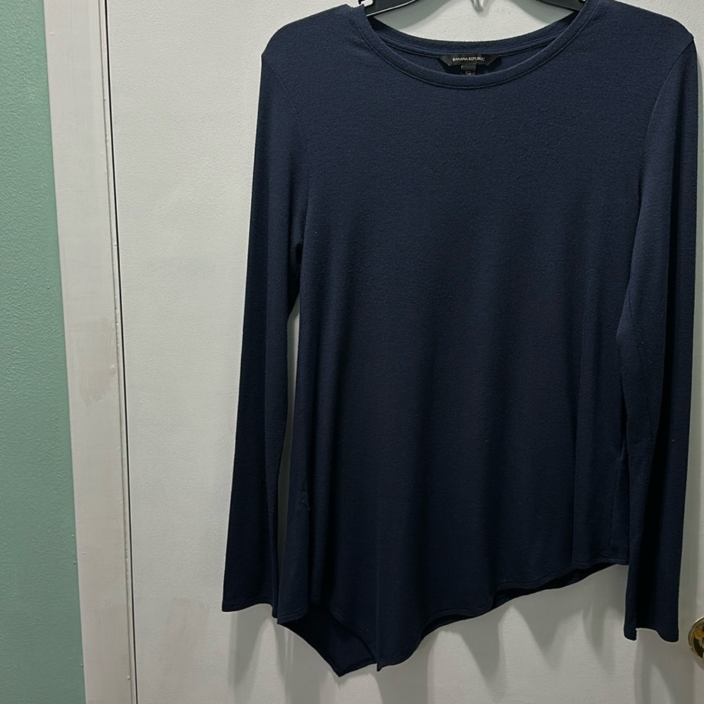 Banana Republic navy blue asymmetrical tunic with long sleeves.